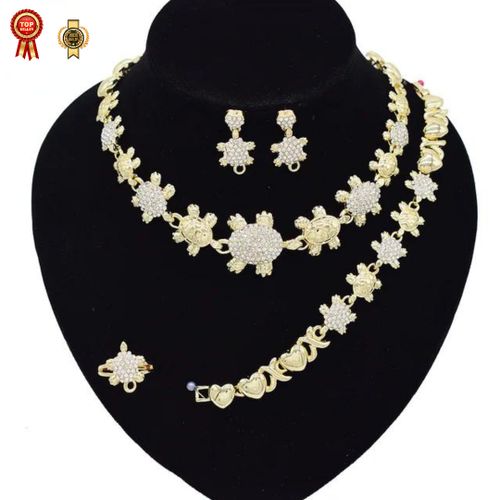 Unbrand Ensemble de Bijoux pour Femme en Plaqué Or 14 Carats Motif Tortues Colliers, boucles d'oreille, Bracelet, bague