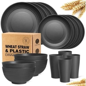Ménagère 16pcs (8 Assiettes + 4 Bols + 4 Tasses) - Réutilisable - Noir